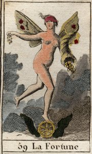 Representación de la diosa de la suerte Fortuna, decide el bien y el mal de los seres humanos, sostiene un cuerno de la abundancia y se para sobre una rueda. De 