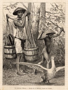 Un residente de Hatien (Vietnam) llevando cubos y una cesta y un niño cazando un ganso con un palo, grabado según un dibujo de Robin ilustrando el viaje a Cochinchina, por el Doctor Morice, en 1872, publicado en 
