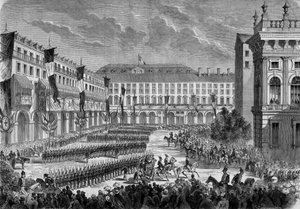 Revisión de las tropas pasada por el rey italiano Víctor Manuel II en Turín el 7 de junio. de French School