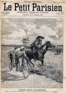 Un jinete compitió contra velocipedistas: William Frederic Cody (1846-1917), conocido como Buffalo Bill, conocido como Rey de los Vaqueros y los ciclistas Gaby y Fournier en tándem. Uno del periódico "Le Petit Parisien" el 26/11/1893 (grabado) de French School