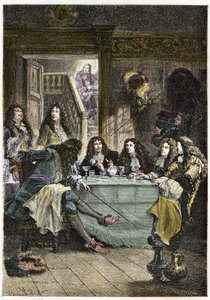 Un salón (Cabaret) reuniendo a los escritores franceses Jean de La Fontaine (1621-1695), Nicolas Boileau-Despréaux (1636-1711), el dramaturgo Jean Baptiste Poquelin, llamado Molière (1622-1673), y el poeta Jean Racine (1639-1699)