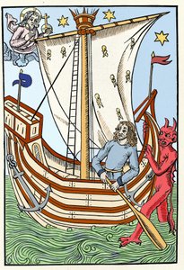 Un barco entre los peligros del mar. Un demonio se apodera de la proa mientras Dios se manifiesta a la izquierda. Grabado del "Gran calendario y compostela de los pastores", Troyes 1491
