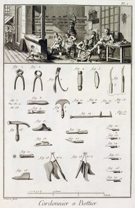 Zapatero y sus herramientas, de la Encyclopedie des Sciences et Metiers de Denis Diderot (1713-84) publicada c.1770 de French School