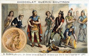 Un soldado rompe el jarrón de Soissons que Clovis quiere poseer, 486 de French School