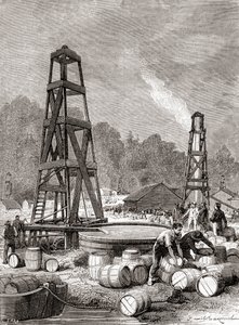 Una fuente de petróleo en Oil Creek en el río Allegheny, Pensilvania, EE.UU. en 1858, descubierta por Edwin Laurentine Drake, también conocido como Coronel Drake, de 