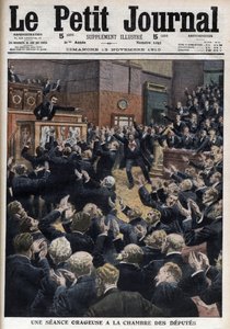 Una sesión tormentosa en la Cámara de Diputados - El Primer Ministro Aristide Briand acusa al líder de los socialistas, Jean Jaurès, de infracción de la ley - ilustración de 