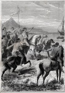 Una tropa de hombres a caballo con una bandera blanca: el vicealmirante John Byron recibido por los nativos del Cabo de los Vírgenes, en la boca oriental del Estrecho de Magallanes en 1764 - ilustración de “Los Grandes Marineros del siglo XVIII” de French School