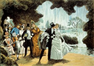 Una boda en una cascada. Pareja casada en el Parc des Buttes Chaumont (). Grabado de finales del siglo XIX Colección privada de French School