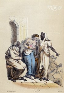 Una mujer blanca amamantando a su bebé castigada en Afganistán; ilustración para Afganistán, -en "Las doce Naciones" por M.E Fouinet