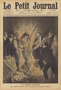 Una mujer se prende fuego accidentalmente durante una cena de Año Nuevo en un restaurante de Nueva York (litografía en color) de French School
