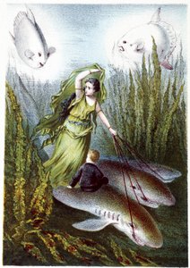 Una mujer y un niño huyendo de peces gigantes sobre tiburones - en "Viaje al fondo del mar" de H. de la Blanchère. París, ed. Jouvet et Cie, sd. 1880.