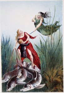 Una mujer atacando a otra mujer y un niño conducido por delfines - en "Viaje al fondo del mar" de H. de la Blanchère. París, ed. Jouvet et Cie, sd. 1880. (doble 02947 y 02952) de French School