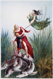 Una mujer ataca a otra mujer y un niño es conducido por delfines - en "Viaje al fondo del mar" de H. de la Blanchère. París, ed. Jouvet et Cie, sd. 1880. (doble 02947) de French School