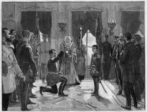 Abdicación del Rey Milán I de Serbia (1854-1901), 7 de marzo de 1889: el ex rey presta juramento de obediencia y fidelidad a su hijo, Alejandro I de Serbia (1876-1903), para quien acaba de abdicar. Grabado en 