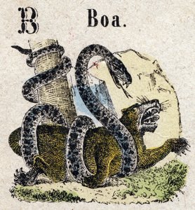 Abecedario. Letra B como Boa. Pequeño alfabeto enciclopédico, serie popular. Imagen de Epinal, finales del siglo XIX