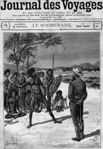 Aborígenes de Australia usando un boomerang, finales del siglo XIX. Grabado en “Journal des Voyages” del 30 de abril