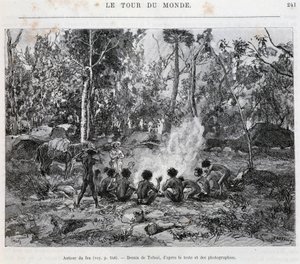 Aborígenes bajo la supervisión de un colono, alrededor del fuego - en "Tour du Monde"