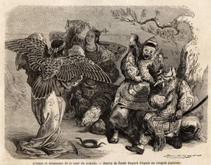 Actores y bailarines de la corte del Mikado en traje de escena. Grabado para ilustrar el viaje a Japón en 1863-1864, por Aime Humbert, ministro de la Confederación Helvética, en "Le tour du monde, nouveau journal des voyages", publicado bajo la dirección d