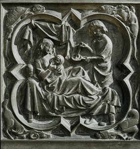 Adán preparando la comida mientras Eva, en la cama, amamanta a un niño ... (relieve)