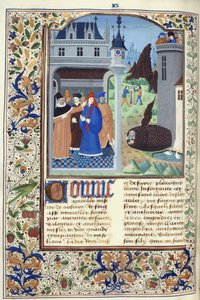 Añadir. 11696, f.136v Boccaccio observando la tortura, de "Le Livre des Cas des Nobles et Illustres Hommes" de Giovanni Boccaccio, c.1470 (tinta, color y oro sobre vitela) de French School