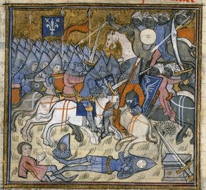 Agregar. 15269, f.124v Cruzados luchando contra sarracenos, ilustración de 