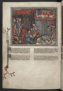 Añadir 17333, f.42v, Miniatura de los ejércitos del Cielo luchando contra el dragón (Apocalipsis XIX:19-20), de Apocalipsis (el 