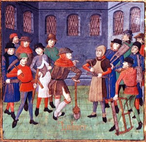Añadir 18750 fol.3 Obreros con herramientas, detalle del prólogo dedicatorio al Duc de Berry en 