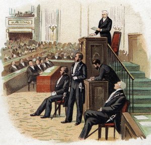Adolphe Thiers (1797-1877), Presidente de la República en el podio de la Asamblea Nacional en 1872 - Cromolitografía de principios del siglo XX de French School