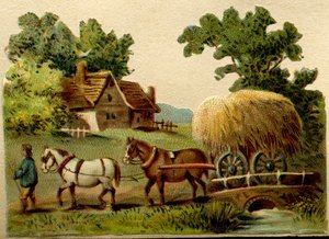 Cromolitografía publicitaria, tallada que representa una escena rural, dos caballos guiados por un granjero tirando de un carro de paja