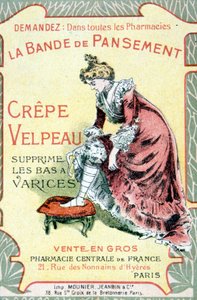 Tarjeta publicitaria de "The Velpeau Crepe Dressing Band quita medias varicosas". Sd. siglo XIX