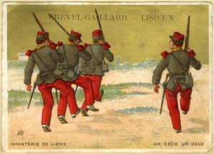 Cromolitografía publicitaria de Grevel-Gaillard, Lisieux, infantería en línea, uno dos, uno dos