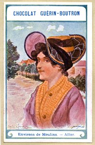 Cromolitografía publicitaria de chocolates Guerin Boutron, los tocados de las regiones de Francia, alrededores de Moulins, Allier, ilustración de Emile Jammes de French School