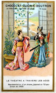 Publicidad cromolitográfica de chocolates Guérin Boutron, teatro a través de los tiempos, 72 temas, drama japonés