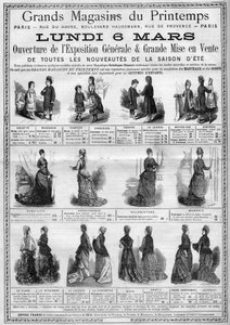 Publicidad para la apertura de la exposición general y la venta de novedades de la temporada de verano (colección de verano) en los grandes almacenes Printemps en París. Grabado en “L