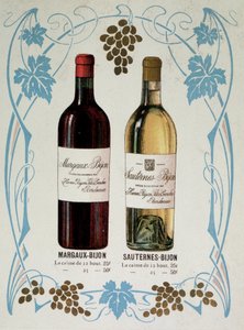 Publicidad para la venta de vino Margaux-Bijon (Margaux Bijon) y Sauternes-Bijon (Sauternes Bijon), 25frs de las 12 botellas, 50frs en 25