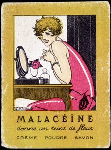 Tarjeta publicitaria de productos de belleza Malacéine. circa 1920 de French School