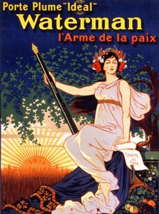Póster publicitario para “Ideal Waterman Fountain Holder, el Arma de la Paz” (una mujer sosteniendo el Tratado de Paz y una pluma Waterman). Litografía 1919. de French School