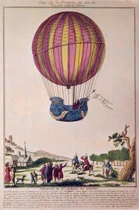Aerostato: el segundo intento de volar en globo. Charles y Robert descienden en la pradera de Nesle, cerca de París, tras un viaje en globo de gas hidrógeno el 01/12/1783. Grabado del siglo XVIII.