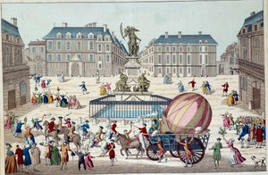 Aerostato: el segundo intento de volar en globo. Todo el globo aerostático de Charles y Robert en París, después de un viaje en globo de gas hidrógeno, el 02/12/1783. Grabado anónimo del siglo XVIII. París, artes decorativas de French School