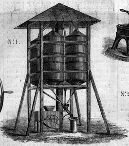 Máquina agrícola: un ático conservador para trigo presentado en la Exposición Agrícola de 1860 en París (Grabado en 