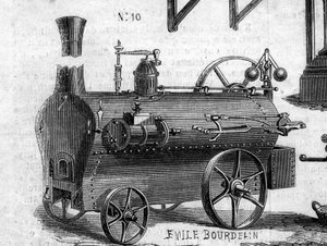 Máquina agrícola: una locomóvil presentada en el concurso agrícola de París en 1860. Grabado en 