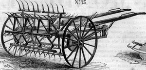 Máquina agrícola: un rastrillo de doble acción inglés presentado en el concurso agrícola de París en 1860. Grabado en 