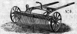 Máquina agrícola: un rastrillo de caballos inglés presentado en el concurso agrícola de París en 1860. Grabado en Le Monde Illustré n°16 del 7 de julio de 1860. de French School