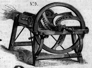 Máquina agrícola: un hacha de paja inglesa presentada en el concurso agrícola de París en 1860. Grabado en Le Monde Illustré n°16 del 7 de julio de 1860. de French School