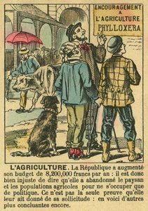 La Agricultura ilustra los beneficios de la Tercera República en la inversión agrícola y su preocupación por las poblaciones campesinas. Grabado, en "Le Figaro, suplemento", el 30/03/1889, París. Coll. Selva. de French School