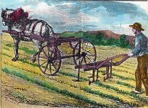 Agricultura: una de las primeras azadas mecánicas, con tracción animal, utilizada en un campo de remolacha. de French School