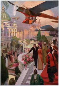 Aviones en el futuro. circa 1910 (grabado) de French School