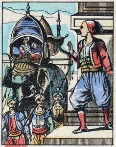 Aladino se enamora de la hija del sultán. Grabado del cuento de Las mil y una noches “Aladino y la lámpara maravillosa”. Imágenes de Epinal, finales del siglo XIX. Colección privada. de French School