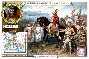 Alarico I, rey de los visigodos, se presenta por tercera vez ante Roma en 410 y exige la rendición de la ciudad - viñeta publicitaria de Liebig de French School