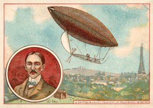 El dirigible de Alberto Santos-Dumont volando alrededor de la Torre Eiffel, París de French School